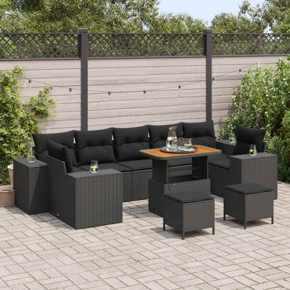 Set Divano da Giardino 10 pz 9-Numero di posti Nero polyrattan