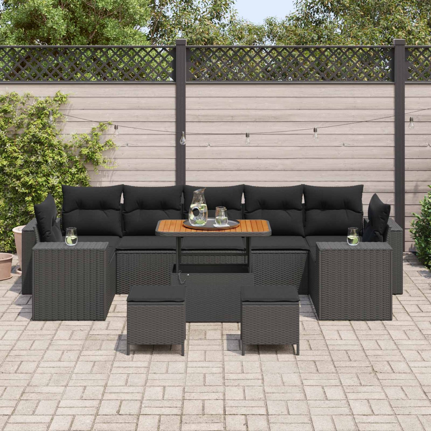 Set Divano da Giardino 10 pz 9-Numero di posti Nero polyrattan