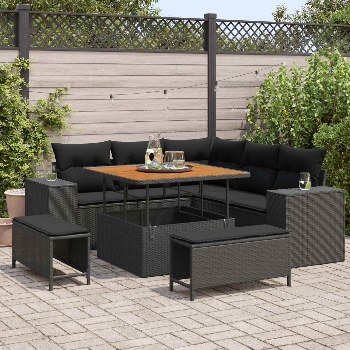 Set Divano da Giardino 8 pz 7-Numero di posti Nero polyrattan