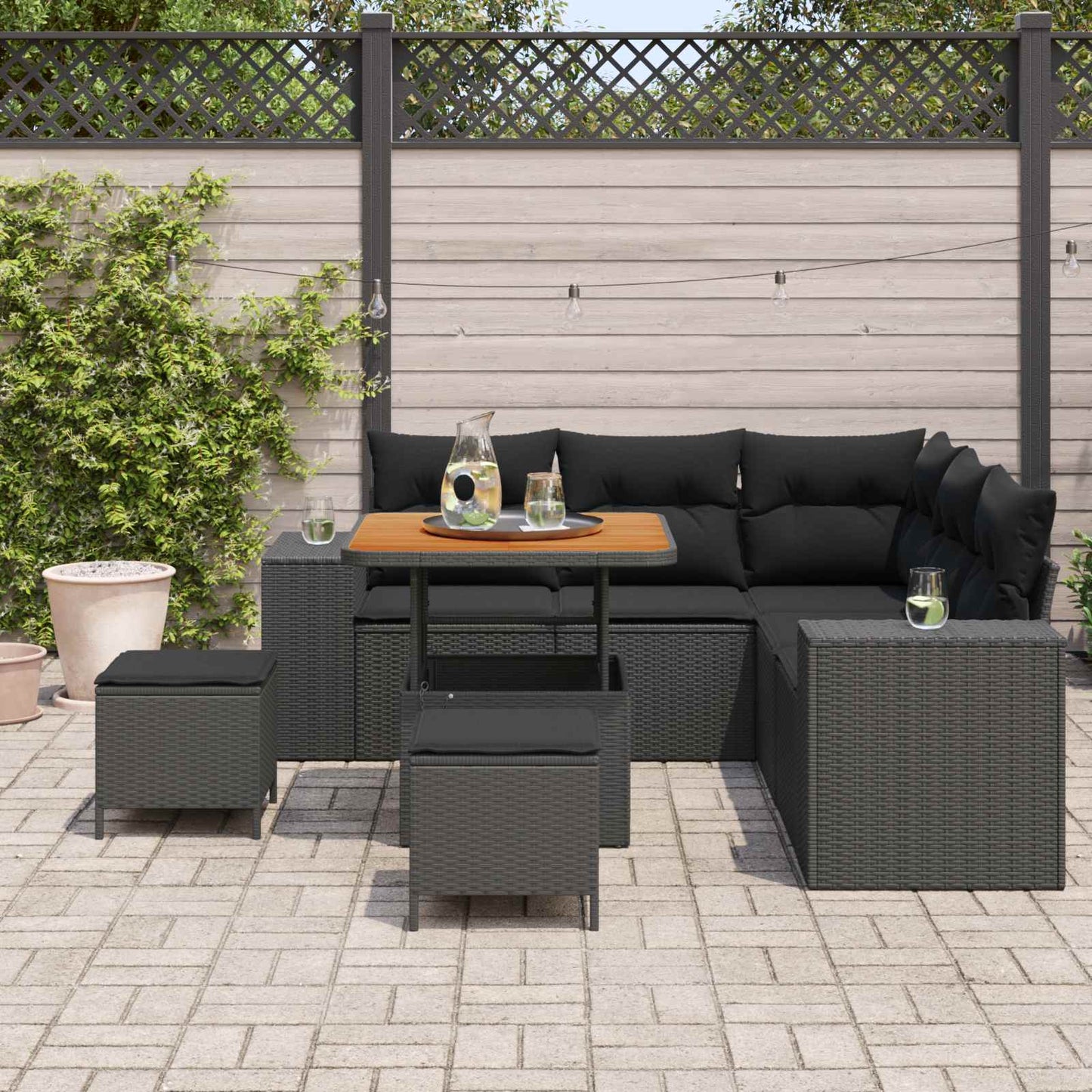 Set Divano da Giardino 8 pz 7-Numero di posti Nero polyrattan