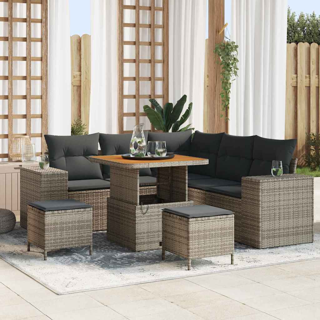 Set Divano da Giardino 8 pz 7-Numero di posti Grigio polyrattan