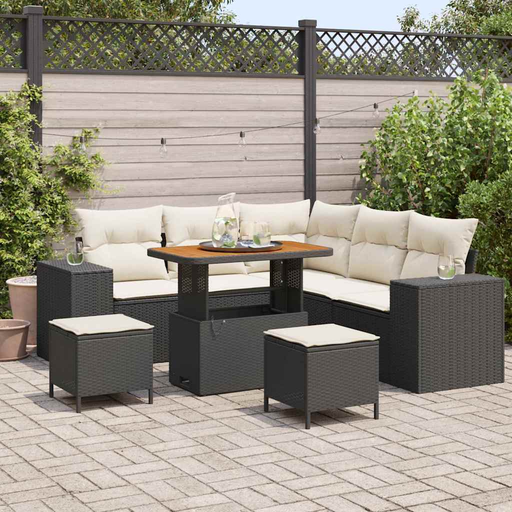 Set Divano da Giardino 8 pcs Nero e Crema polyrattan