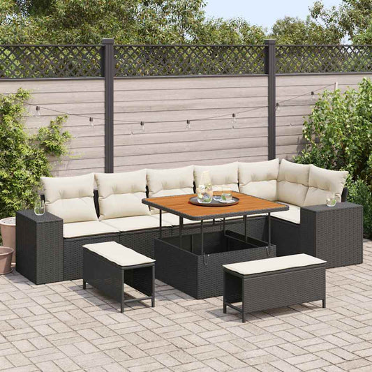 Set Divano da Giardino 9 pcs Nero e Crema polyrattan