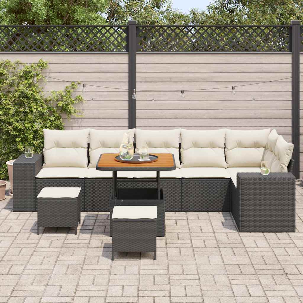 Set Divano da Giardino con cuscino 9 pcs Nero e Crema