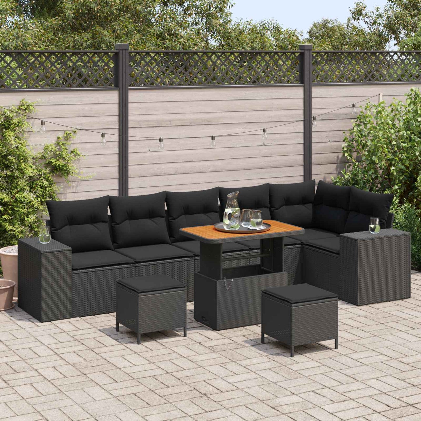 Set Divano da Giardino 9 pz 6-Numero di posti Nero polyrattan