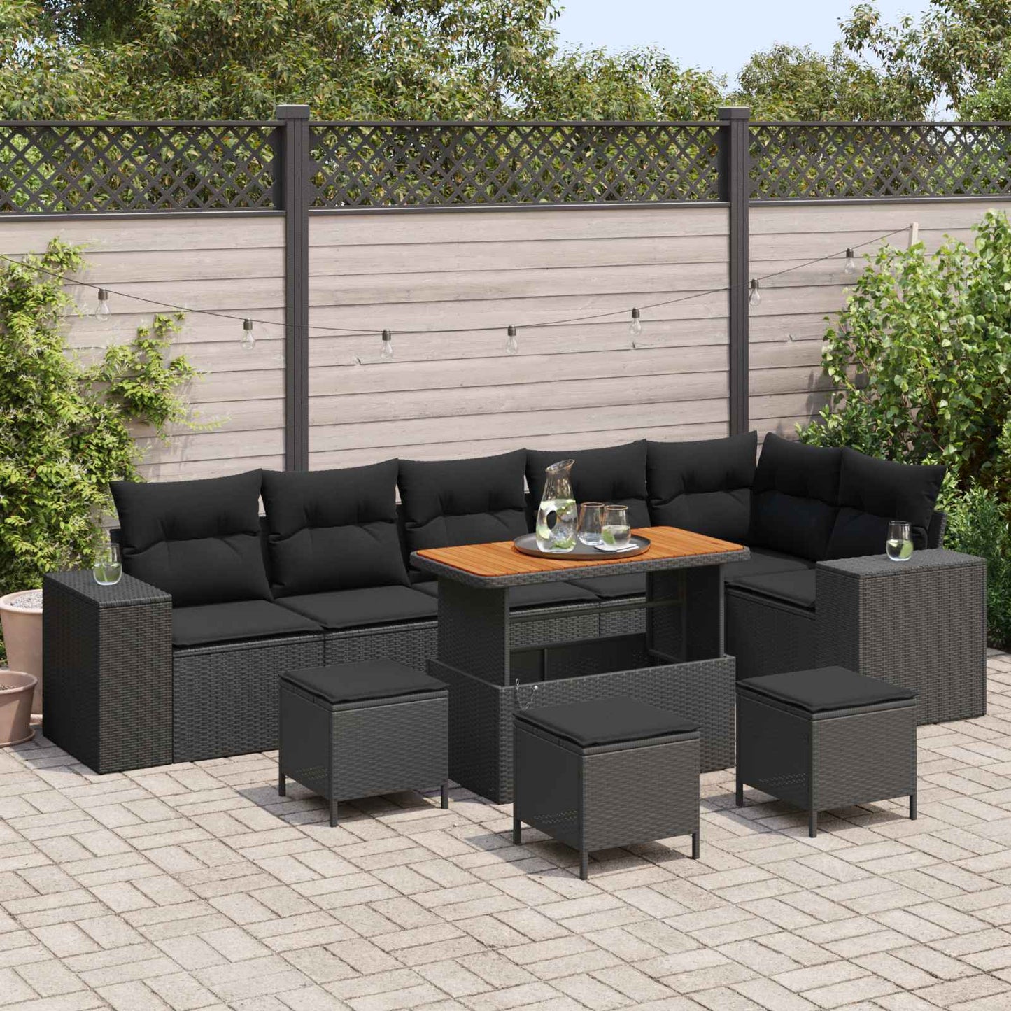 Set Divano da Giardino 10 pz 6-Numero di posti Nero polyrattan