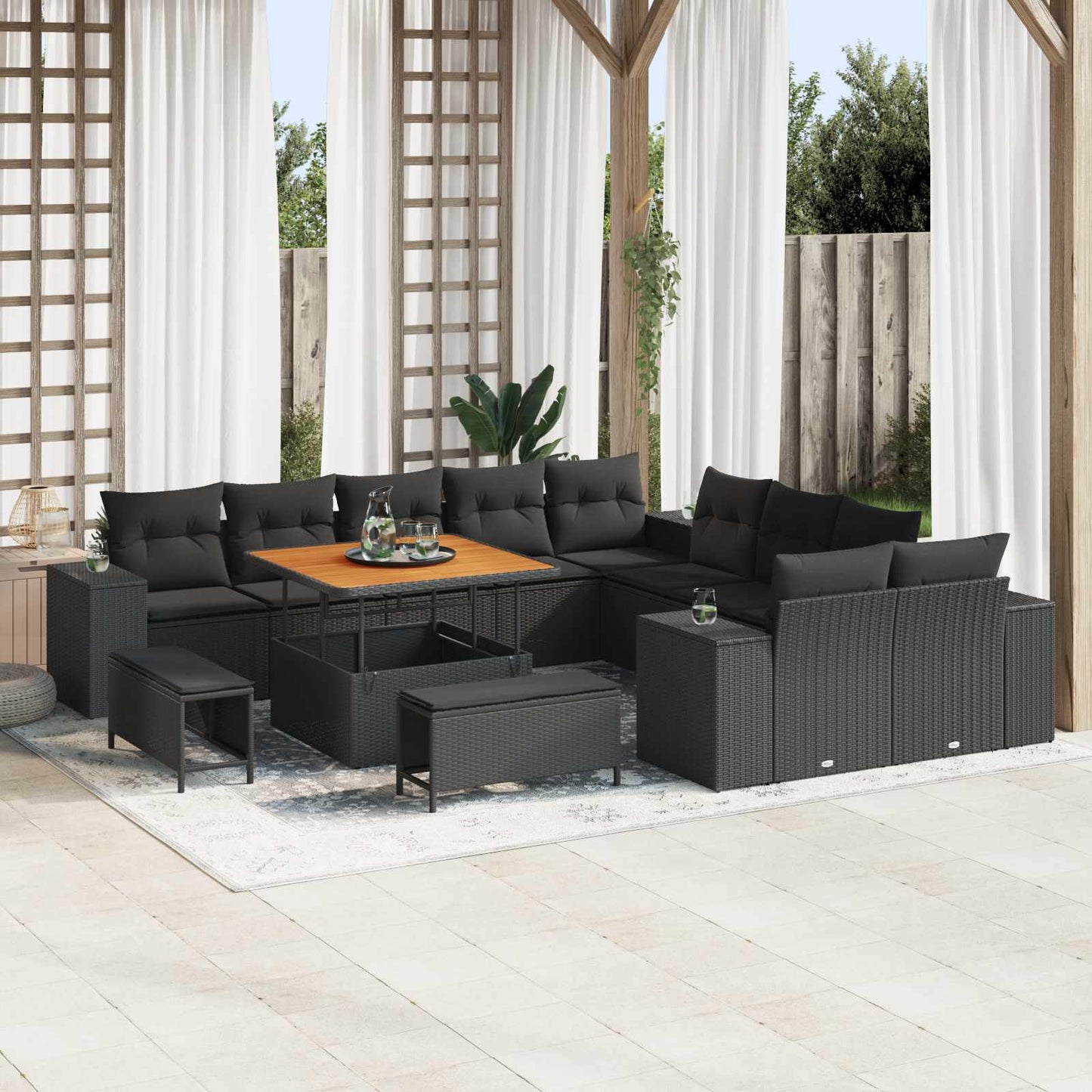 Set Divano da Giardino con cuscino 13 pcs Nero polyrattan | homemem39