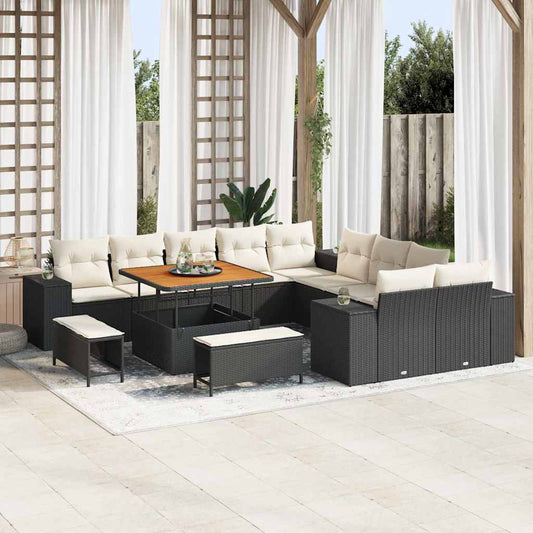 Set Divano da Giardino 13 pcs Nero e Crema polyrattan