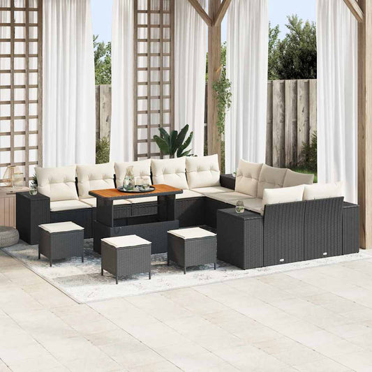 Set Divano da Giardino 14 pcs Nero e Crema polyrattan