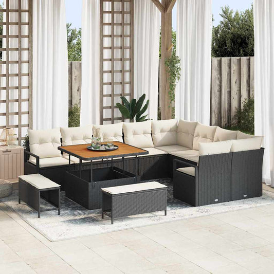 Set Divano da Giardino 12 pcs Nero e Crema 100 x 100 x 71 cm