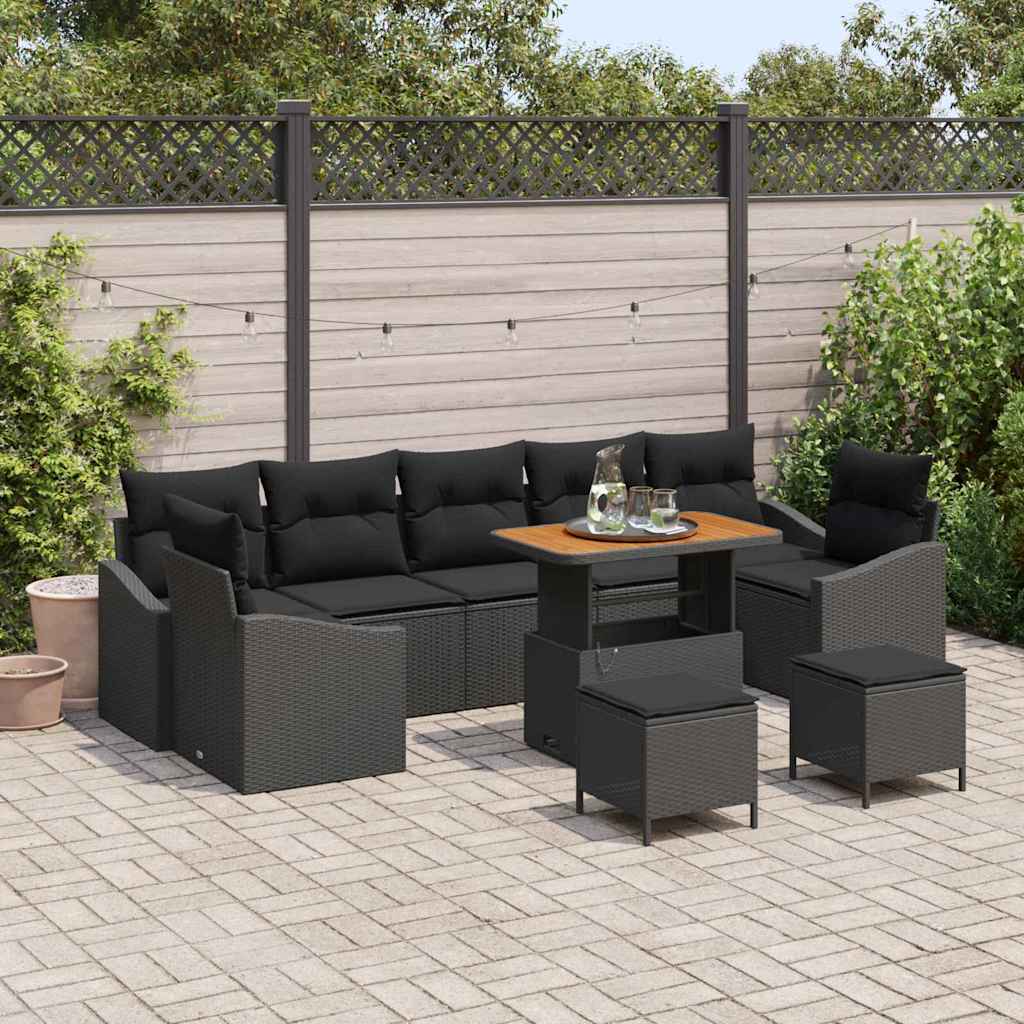 Set Divano da Giardino con cuscino 10 pcs Nero Poly Rattan | homemem39