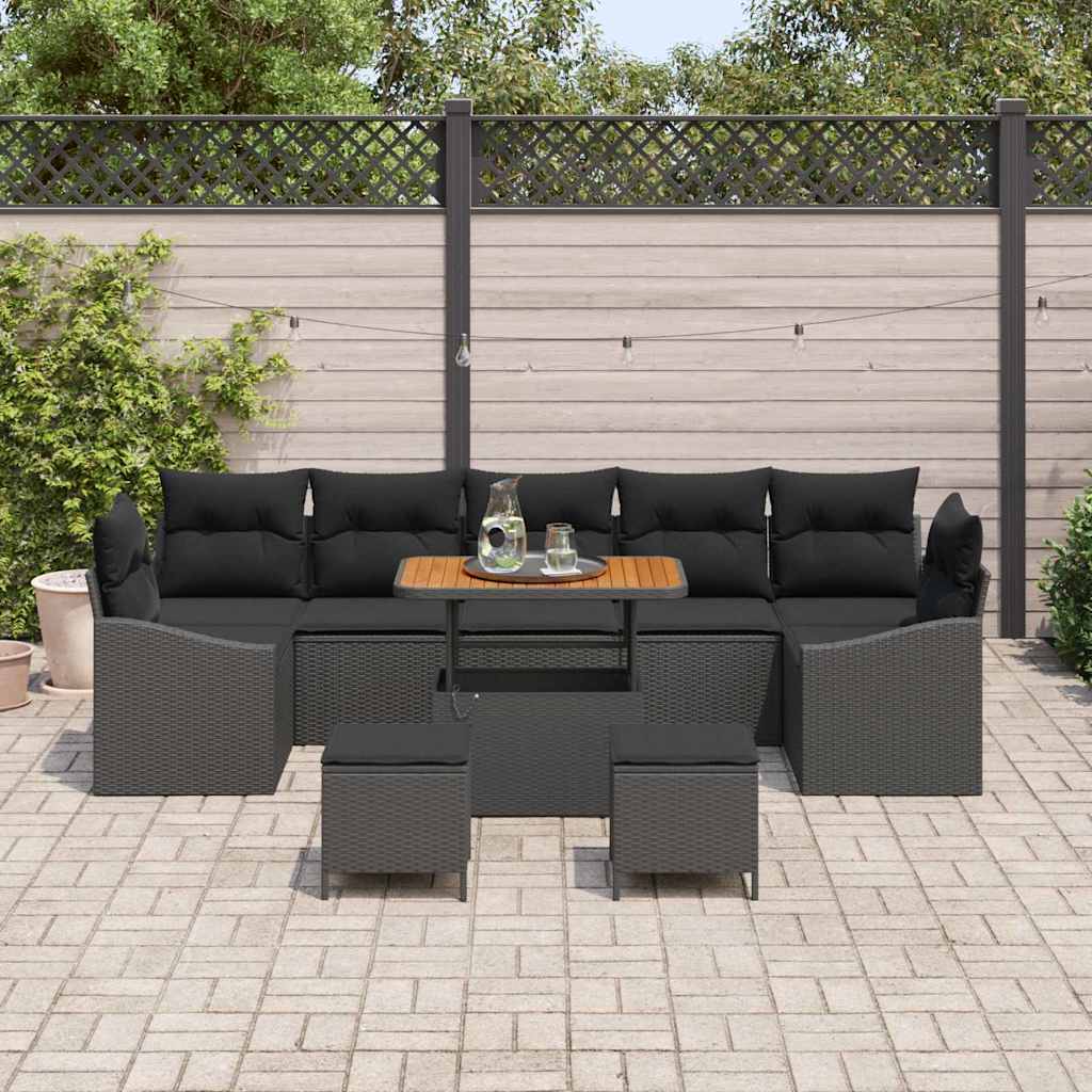 Set Divano da Giardino con cuscino 10 pcs Nero Poly Rattan | homemem39