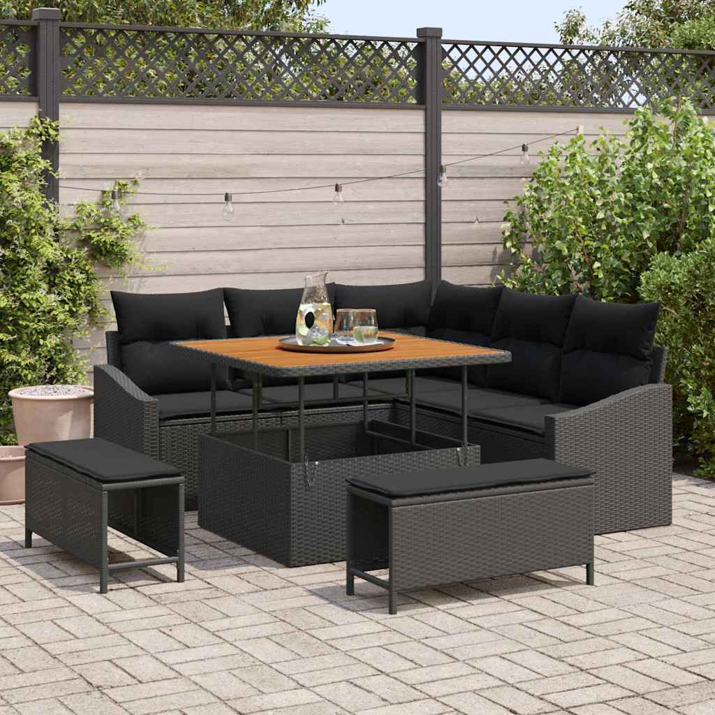 Set Divano da Giardino con cuscino 8 pcs Nero Poly Rattan | homemem39