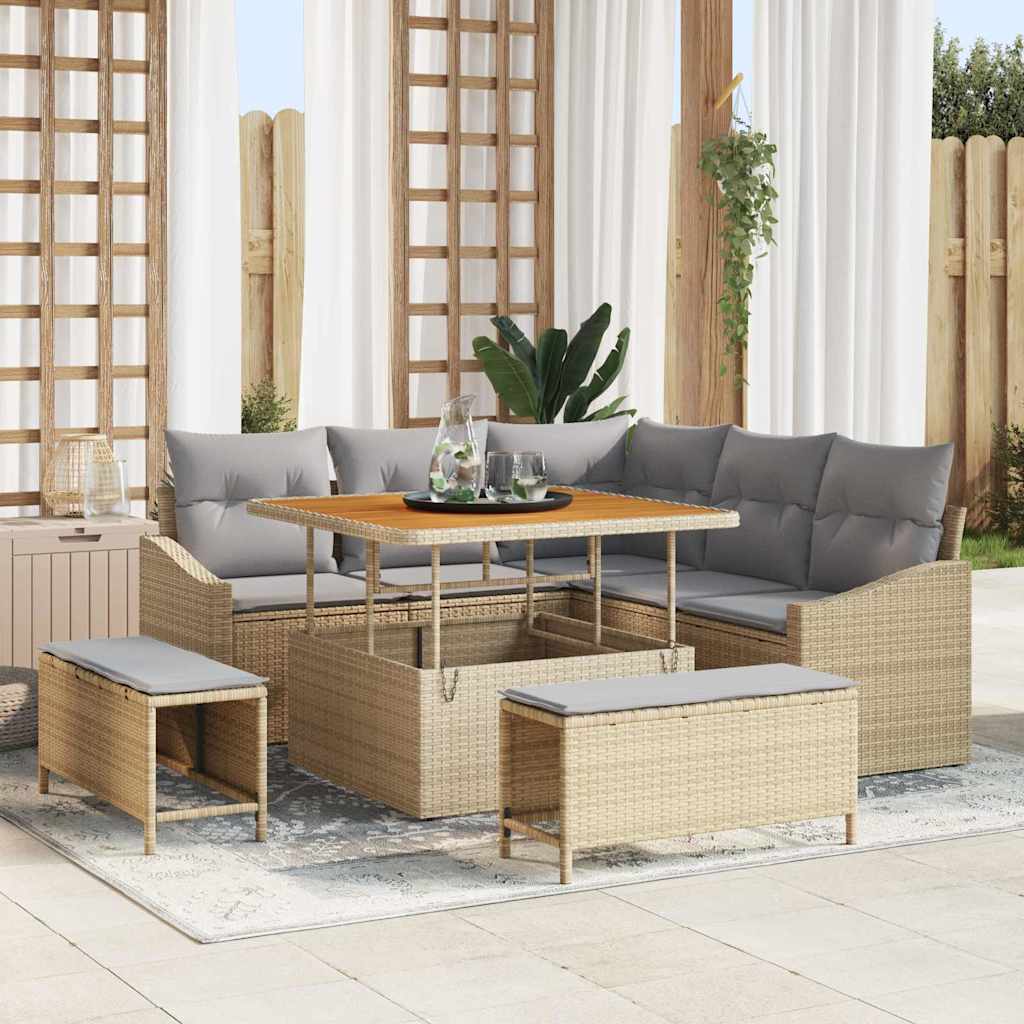 Set Divano da Giardino 8 pz 7-Numero di posti Beige Poly Rattan