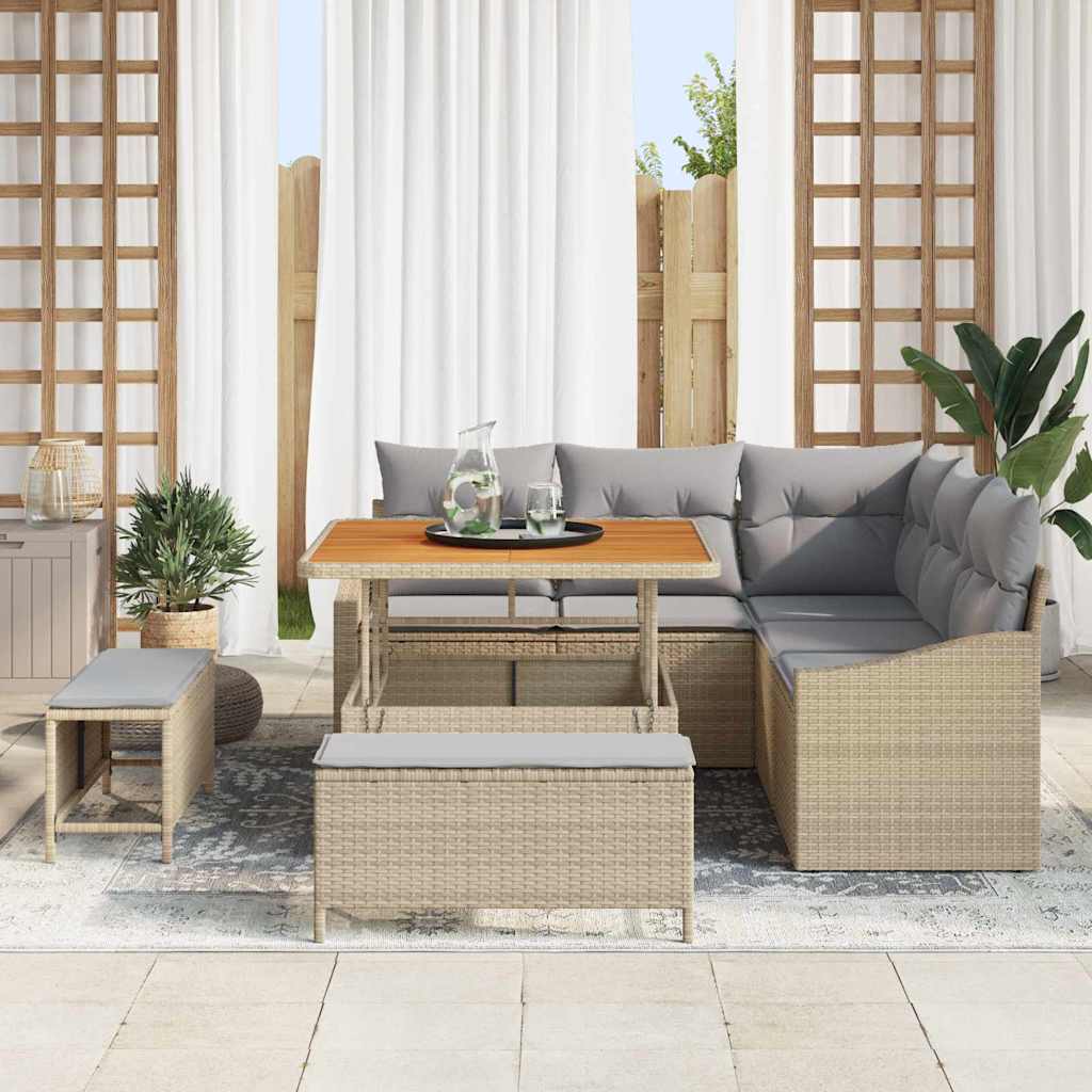 Set Divano da Giardino 8 pz 7-Numero di posti Beige Poly Rattan