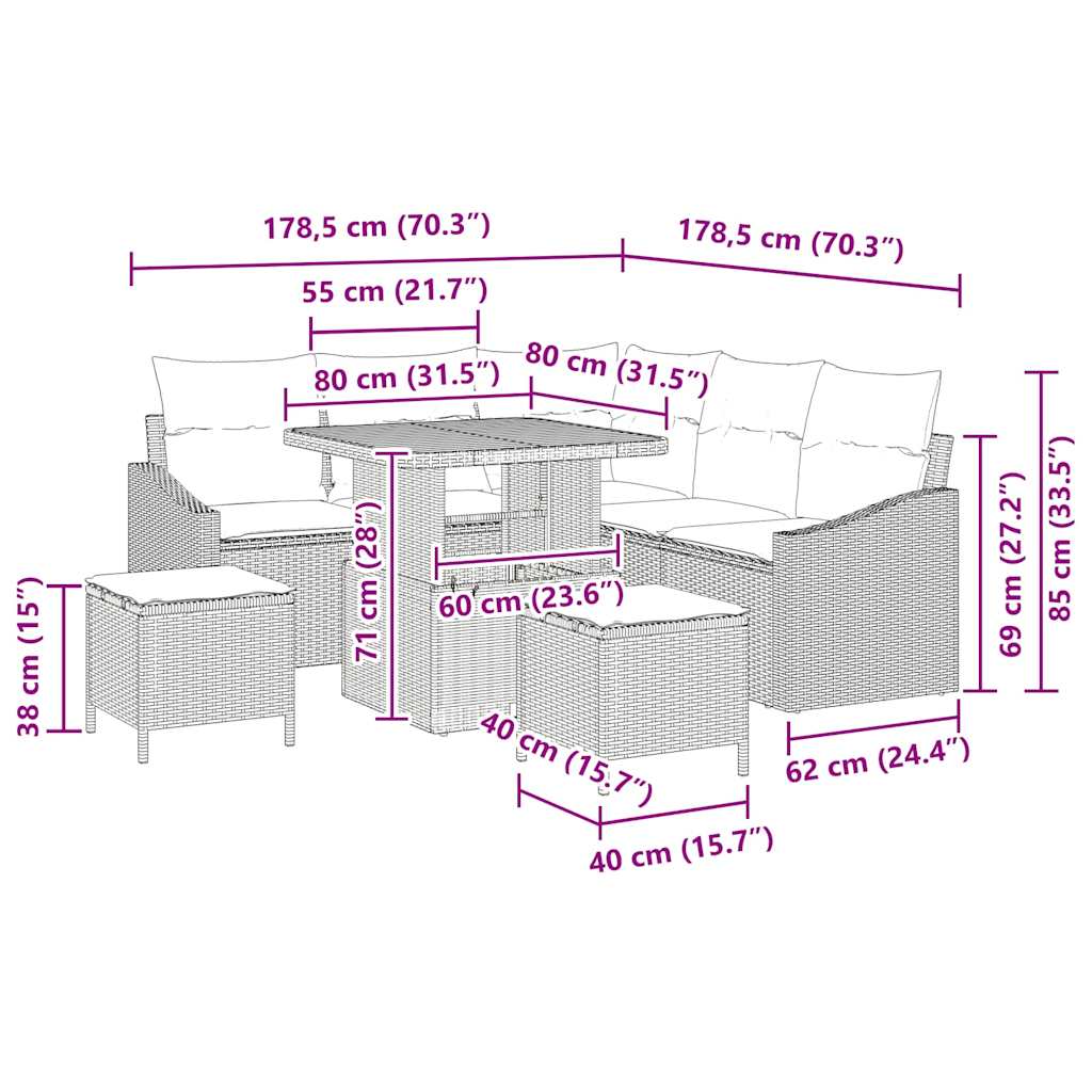 Set Divano da Giardino con cuscino 8 pcs Grigio Poly Rattan | homemem39