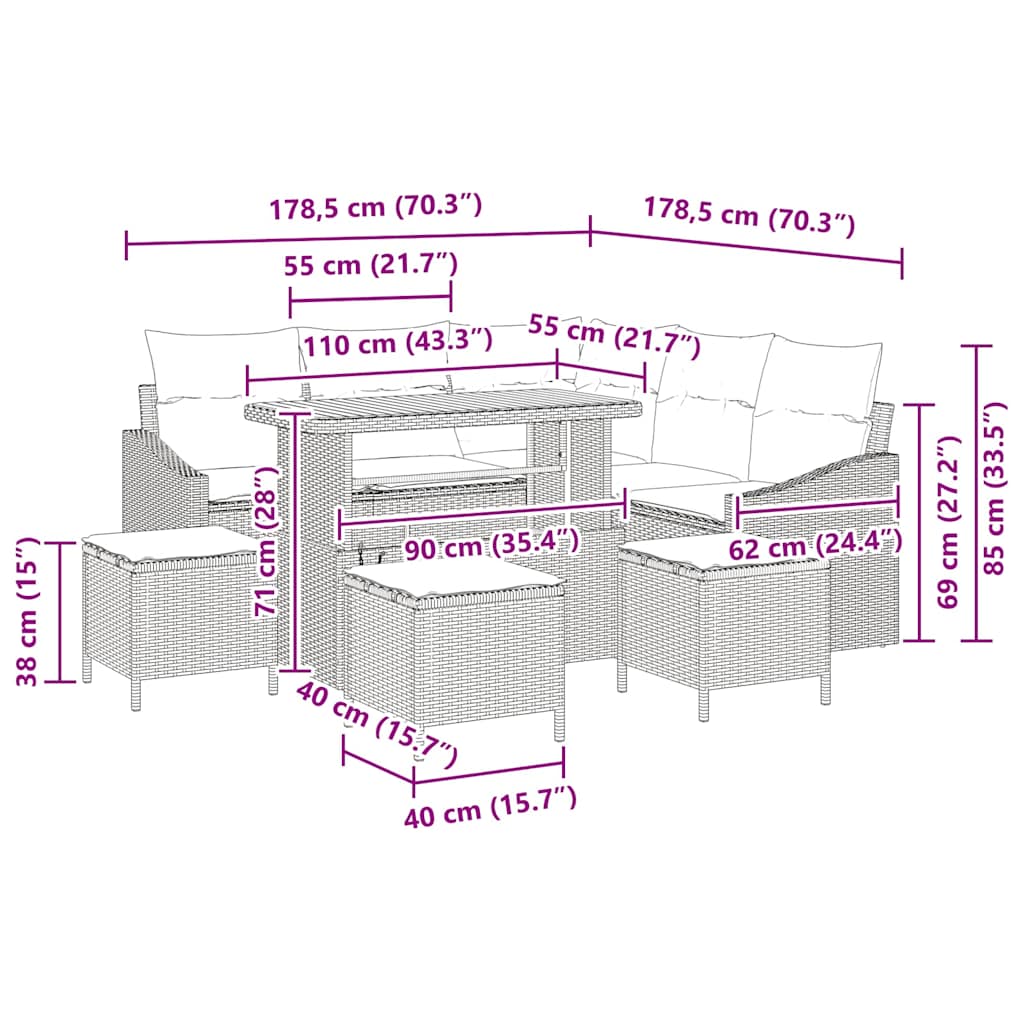Set Divano da Giardino con cuscino con cuscino 9 pcs Grigio