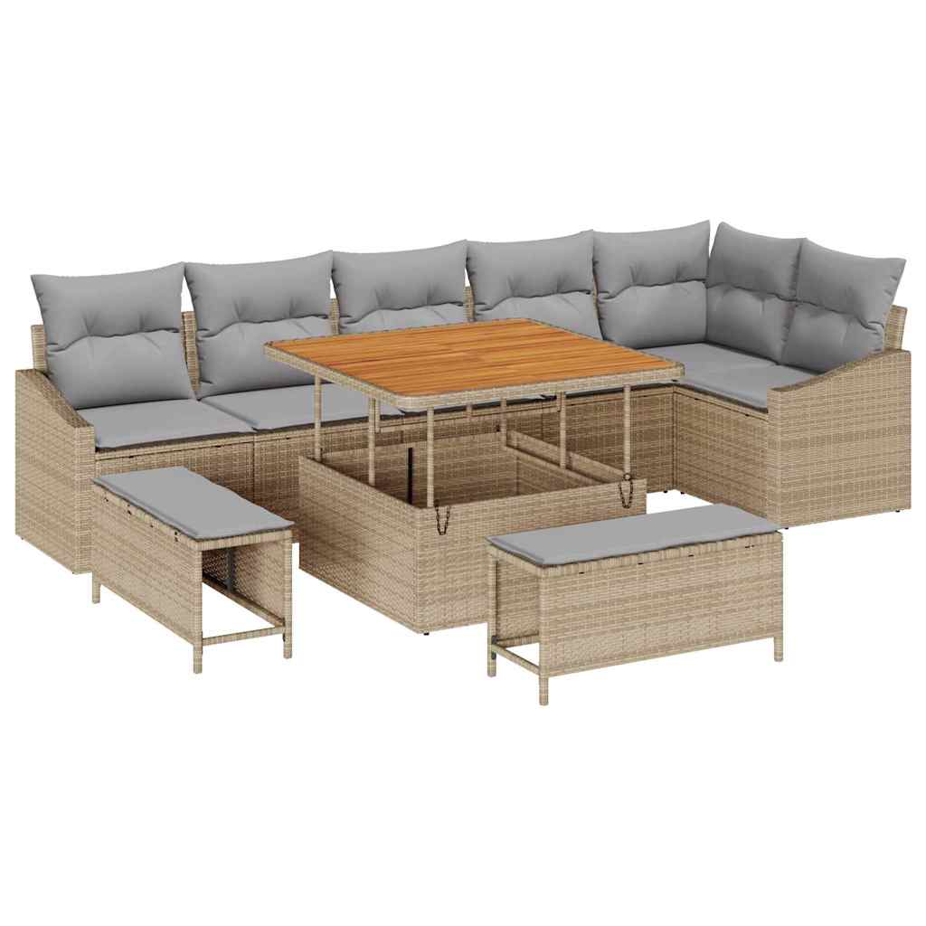 Set Divano da Giardino 9 pz 7-Numero di posti Beige Poly Rattan
