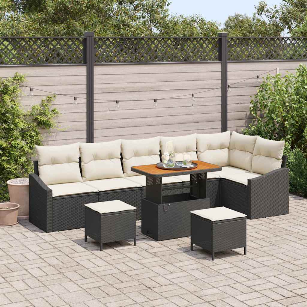 Set Divano da Giardino 9 pcs Nero e Crema 90 x 55 x 71 cm
