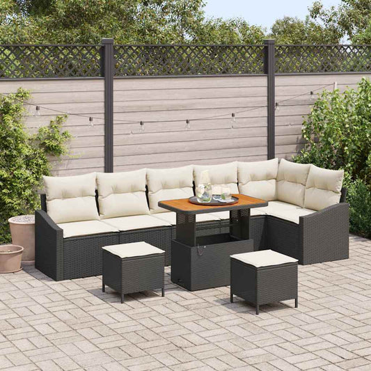 Set Divano da Giardino 9 pcs Nero e Crema 90 x 55 x 71 cm