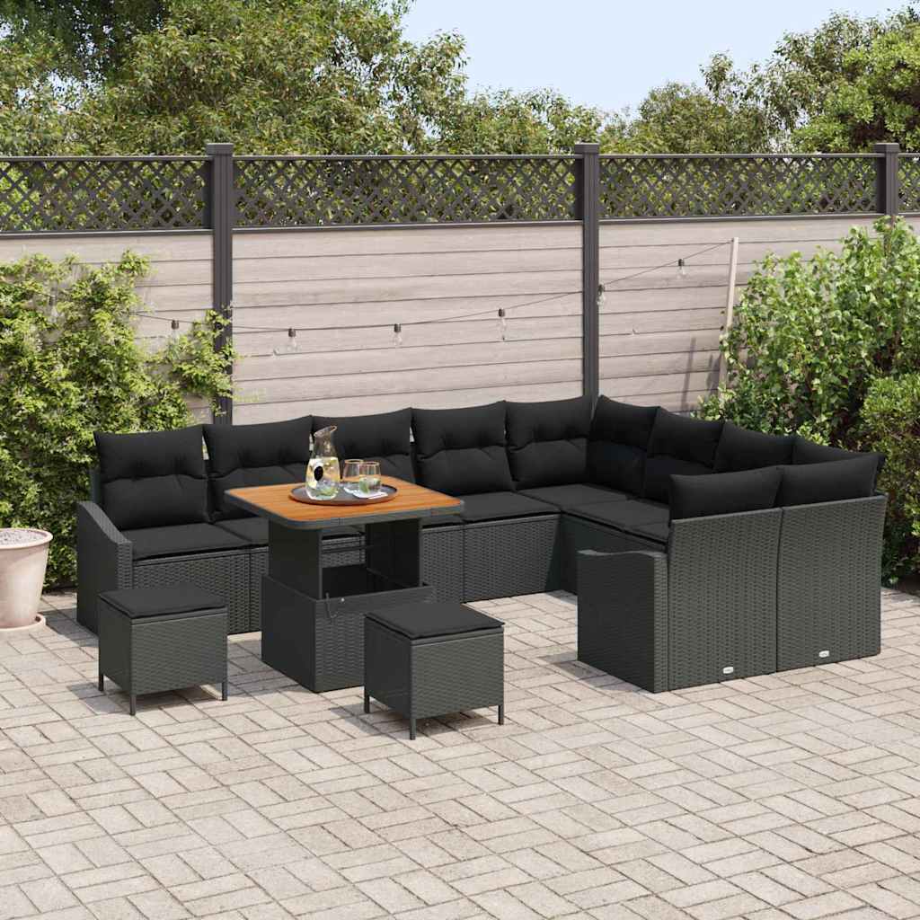 Set Divano da Giardino con cuscino 12 pcs Nero Poly Rattan | homemem39