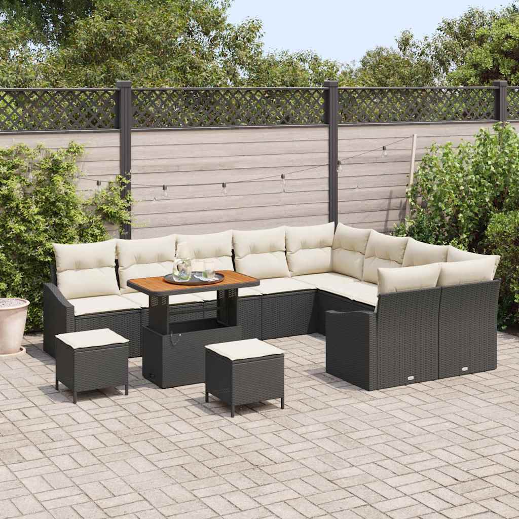 Set Divano da Giardino con cuscino 12 pcs Nero Poly Rattan | homemem39