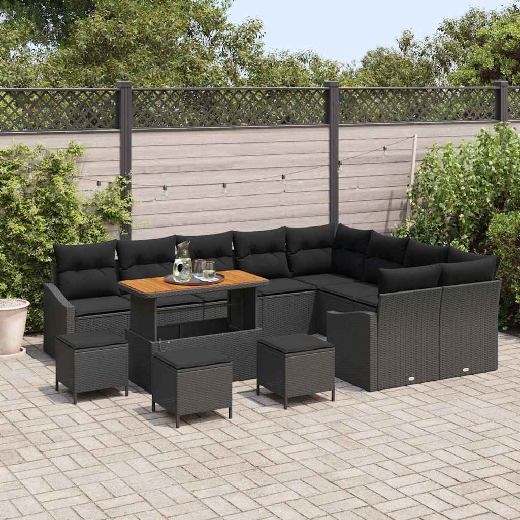Set Divano da Giardino con cuscino 13 pcs Nero Poly Rattan | homemem39