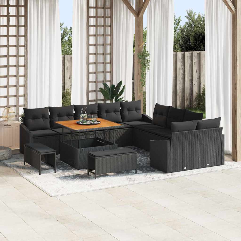 Set Divano da Giardino con cuscino 13 pcs Nero Poly Rattan | homemem39