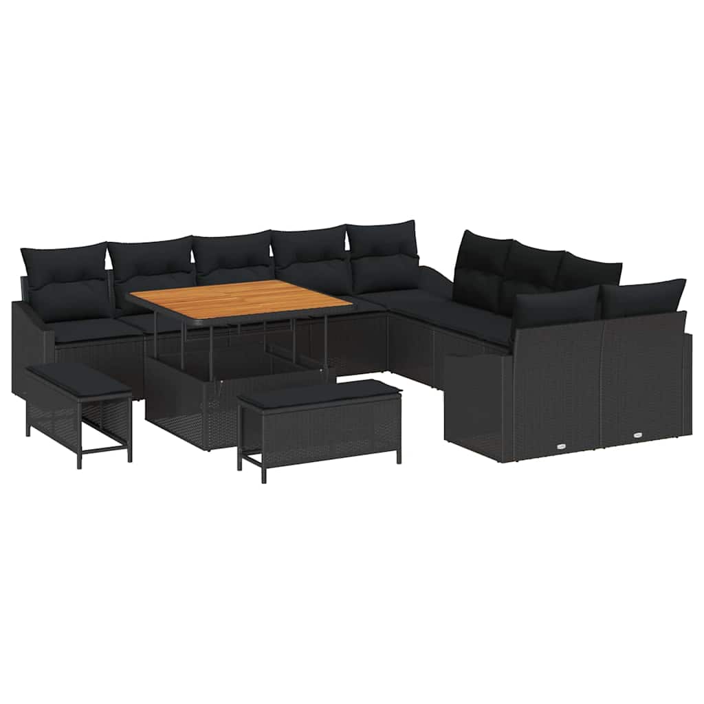 Set Divano da Giardino con cuscino 13 pcs Nero Poly Rattan | homemem39