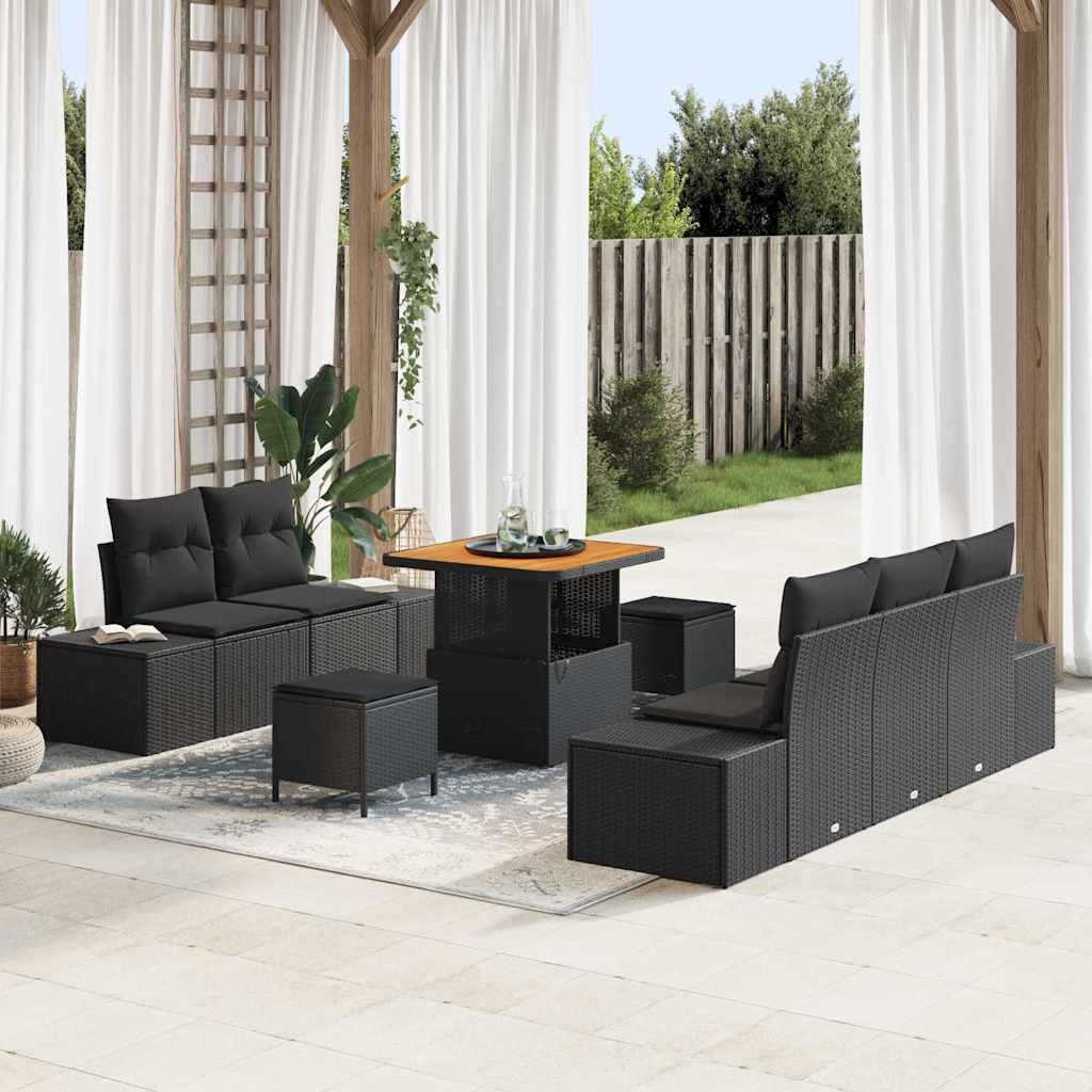Set Divano da Giardino con cuscino 8 pcs Nero Poly Rattan | homemem39