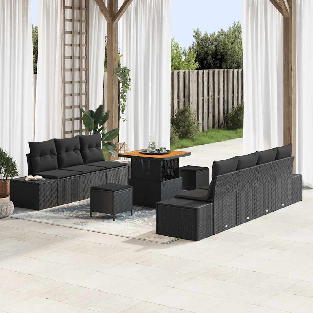 Set Divano da Giardino con cuscino 10 pcs Nero Poly Rattan | homemem39