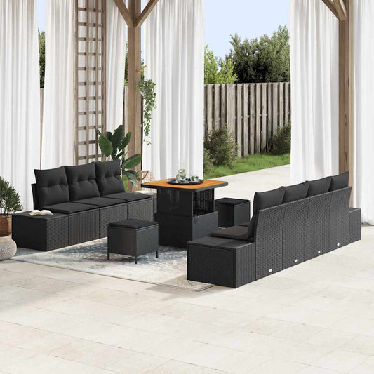 Set Divano da Giardino con cuscino 10 pcs Nero Poly Rattan