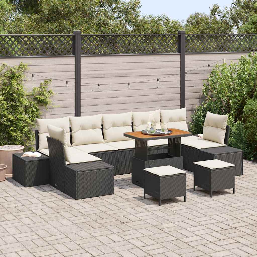 Set Divano da Giardino con cuscino 10 pcs Nero Poly Rattan | homemem39