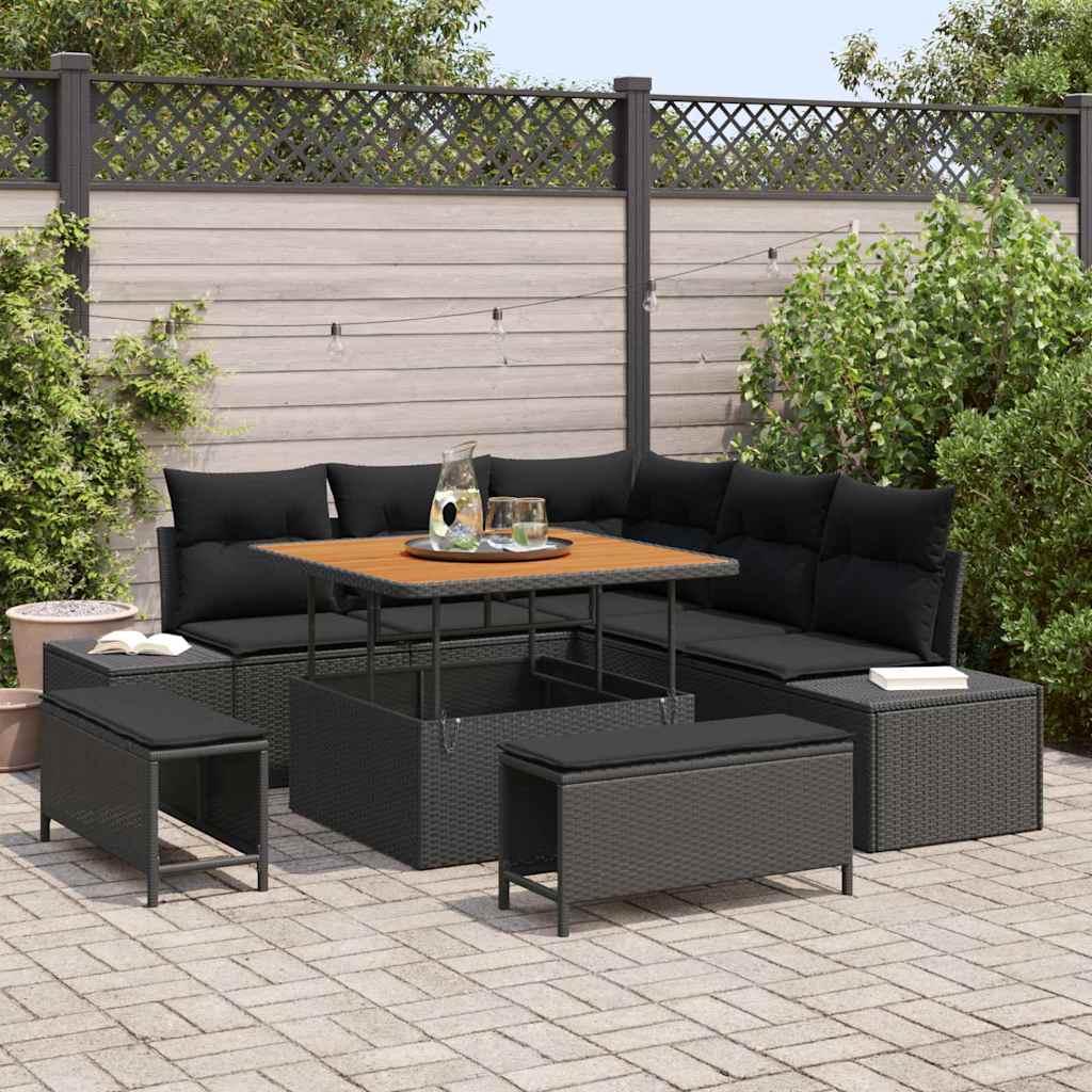 Set Divano da Giardino con cuscino 8 pcs Nero Poly Rattan | homemem39