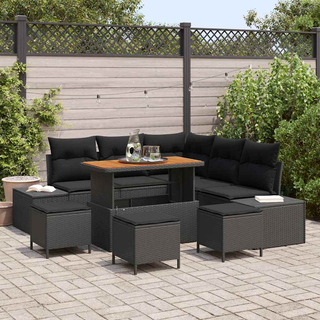 Set Divano da Giardino con cuscino 9 pcs Nero Poly Rattan | homemem39