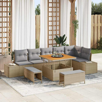 Set Divano da Giardino 9 pz 8-Numero di posti Beige Poly Rattan