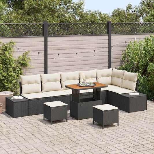 Set Divano da Giardino 9 pcs Nero e Crema 90 x 55 x 71 cm