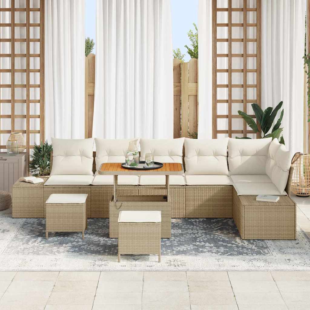 Set Divano da Giardino 9 pz 8-Numero di posti Beige Poly Rattan