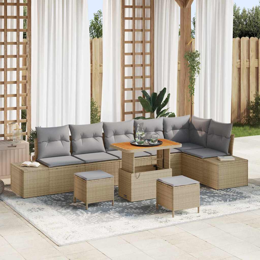 Set Divano da Giardino 9 pz 8-Numero di posti Beige Poly Rattan