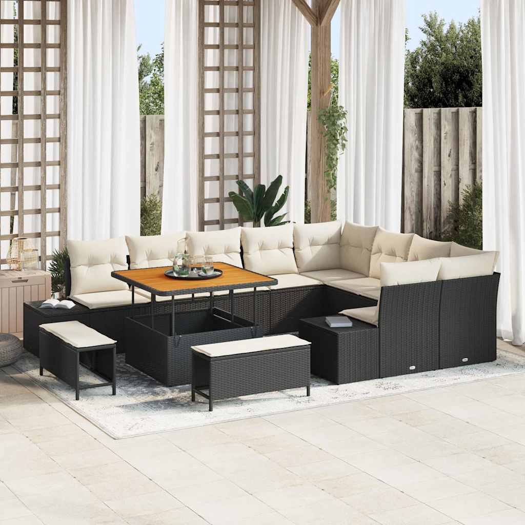 Set Divano da Giardino con cuscino 12 pcs Nero Poly Rattan | homemem39