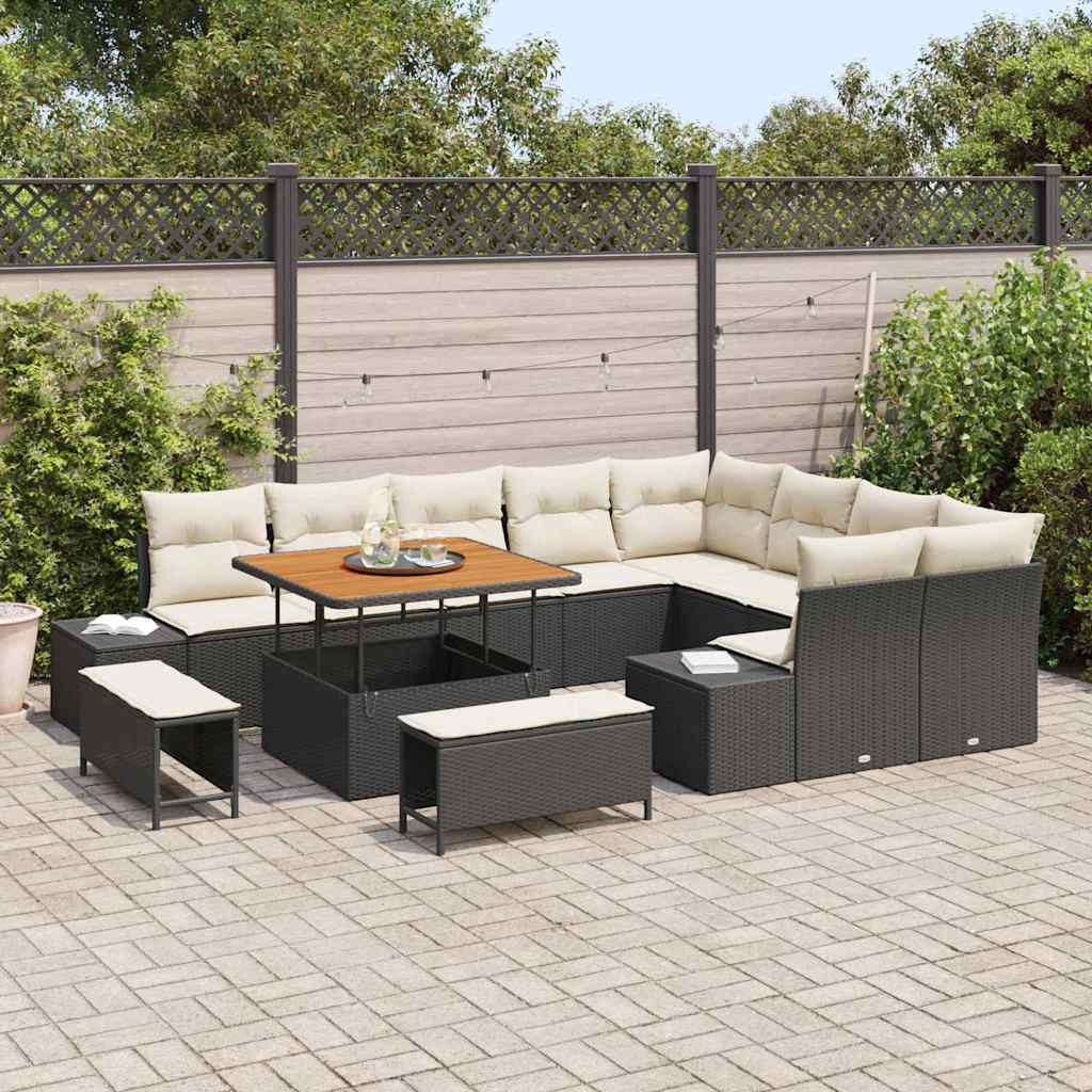 Set Divano da Giardino con cuscino 12 pcs Nero Poly Rattan | homemem39