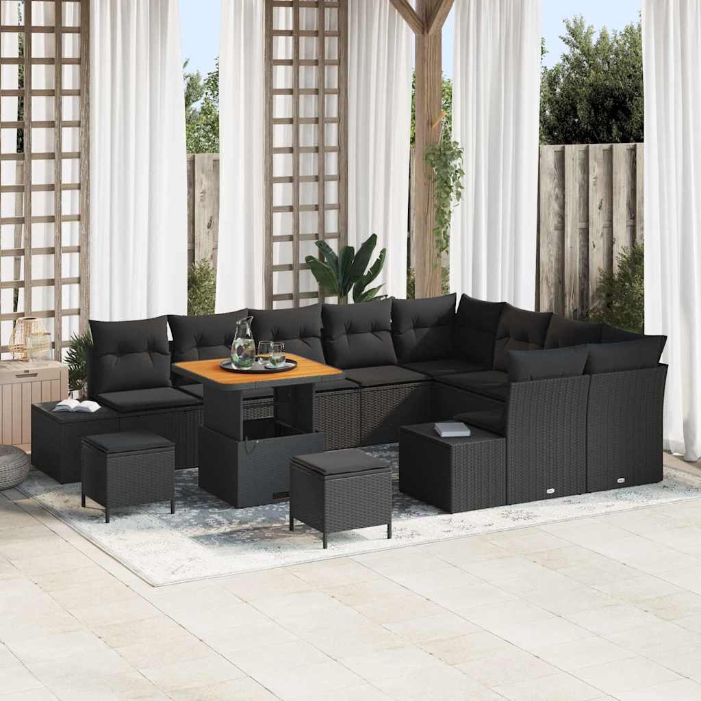 Set Divano da Giardino con cuscino 12 pcs Nero Poly Rattan | homemem39