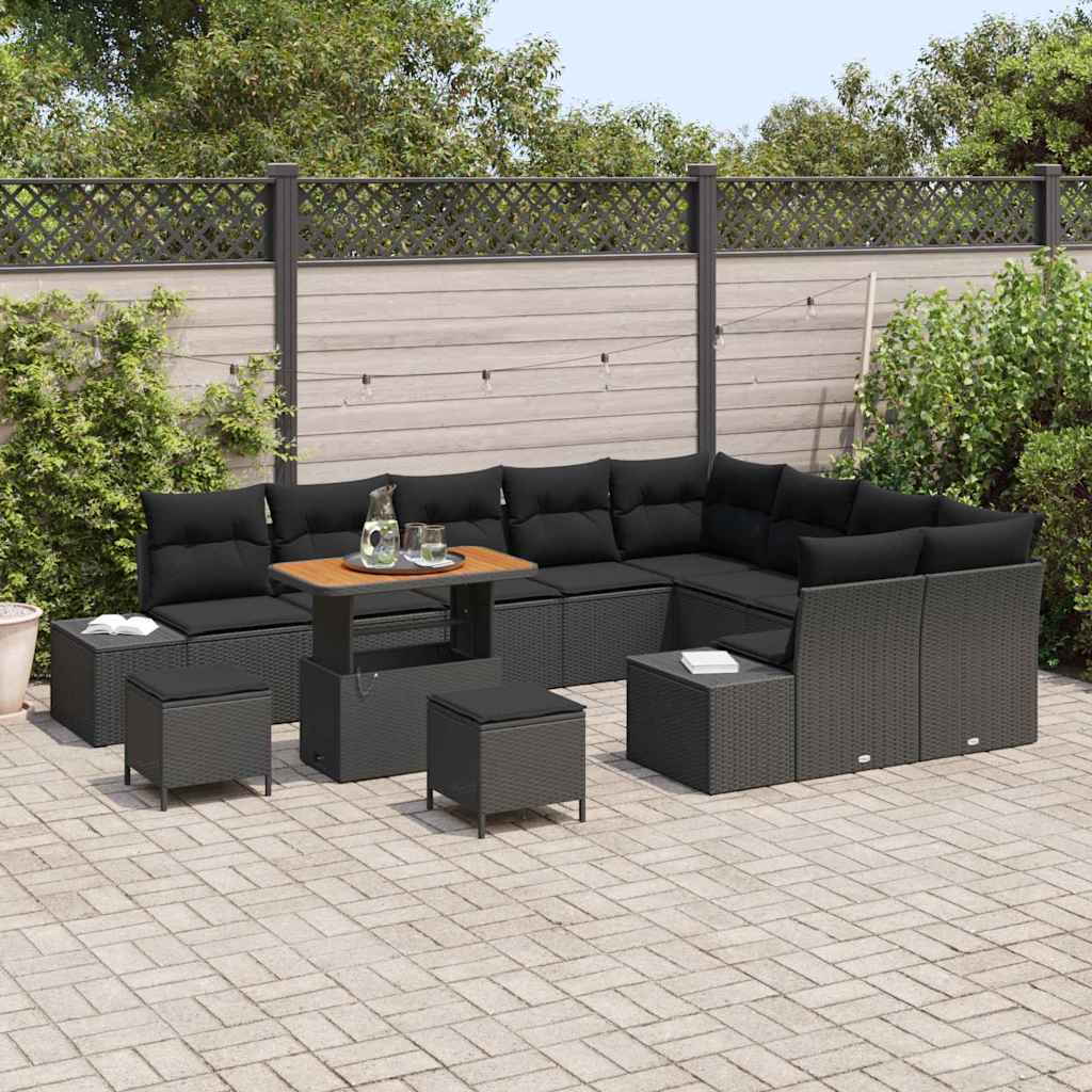Set Divano da Giardino con cuscino 12 pcs Nero Poly Rattan | homemem39