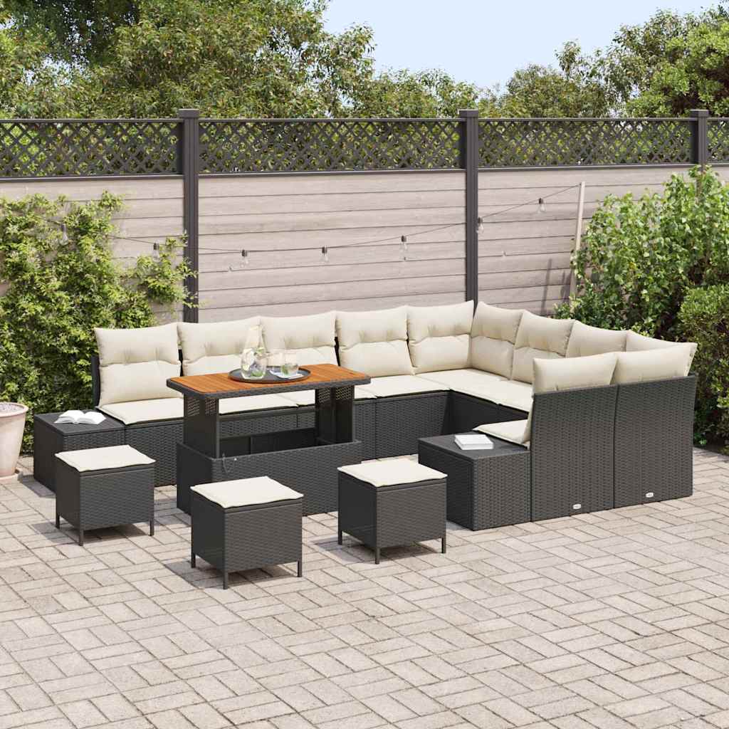 Set Divano da Giardino con cuscino 13 pcs Nero Poly Rattan | homemem39