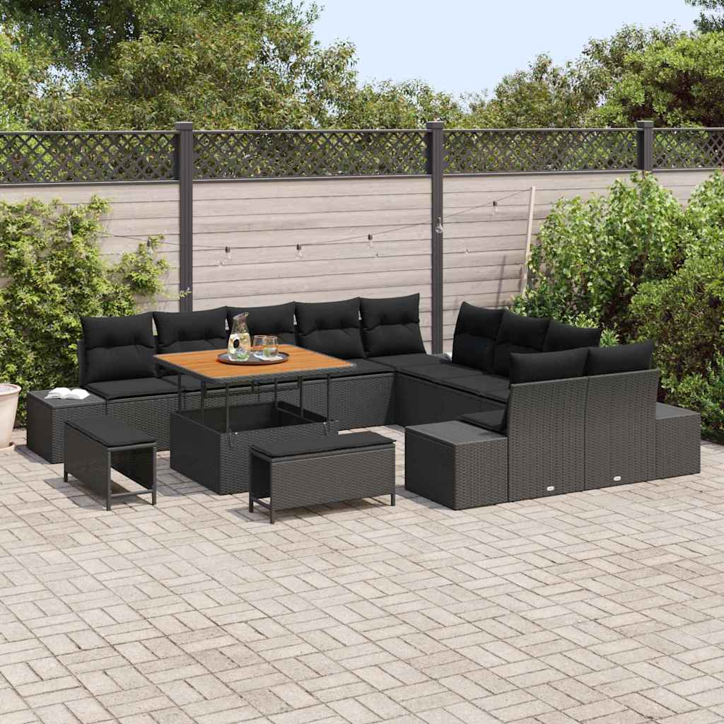 Set Divano da Giardino con cuscino 13 pcs Nero Poly Rattan | homemem39
