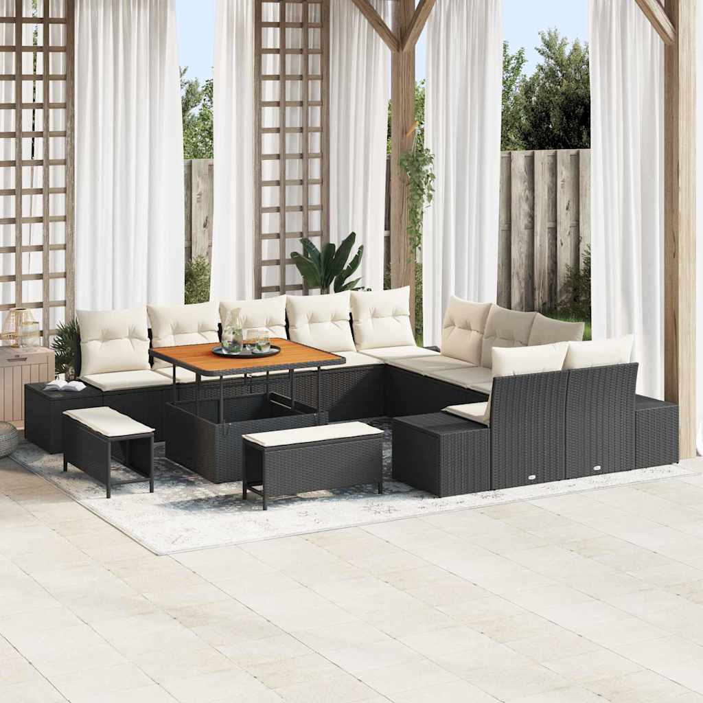 Set Divano da Giardino con cuscino 13 pcs Nero Poly Rattan | homemem39