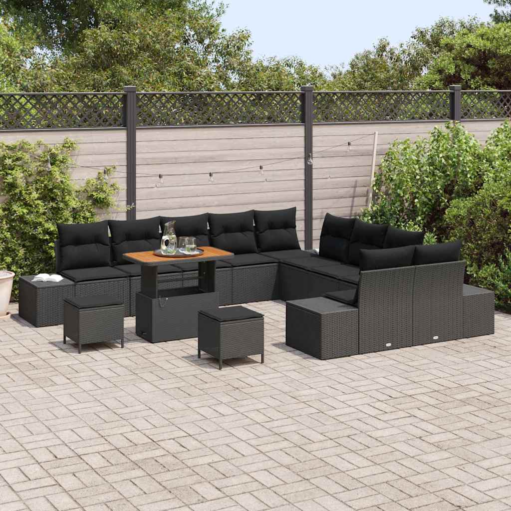 Set Divano da Giardino con cuscino 13 pcs Nero Poly Rattan | homemem39