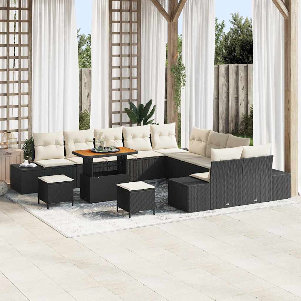 Set Divano da Giardino con cuscino 13 pcs Nero Poly Rattan | homemem39