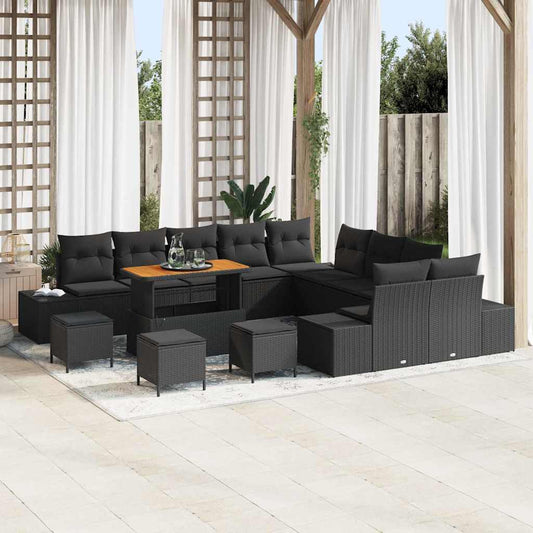 Set Divano da Giardino con cuscino 14 pcs Nero Poly Rattan