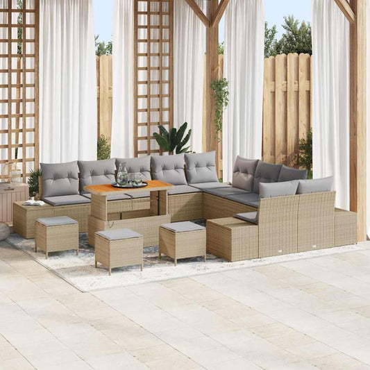 Set Divano da Giardino con cuscino 14 pcs Beige Poly Rattan